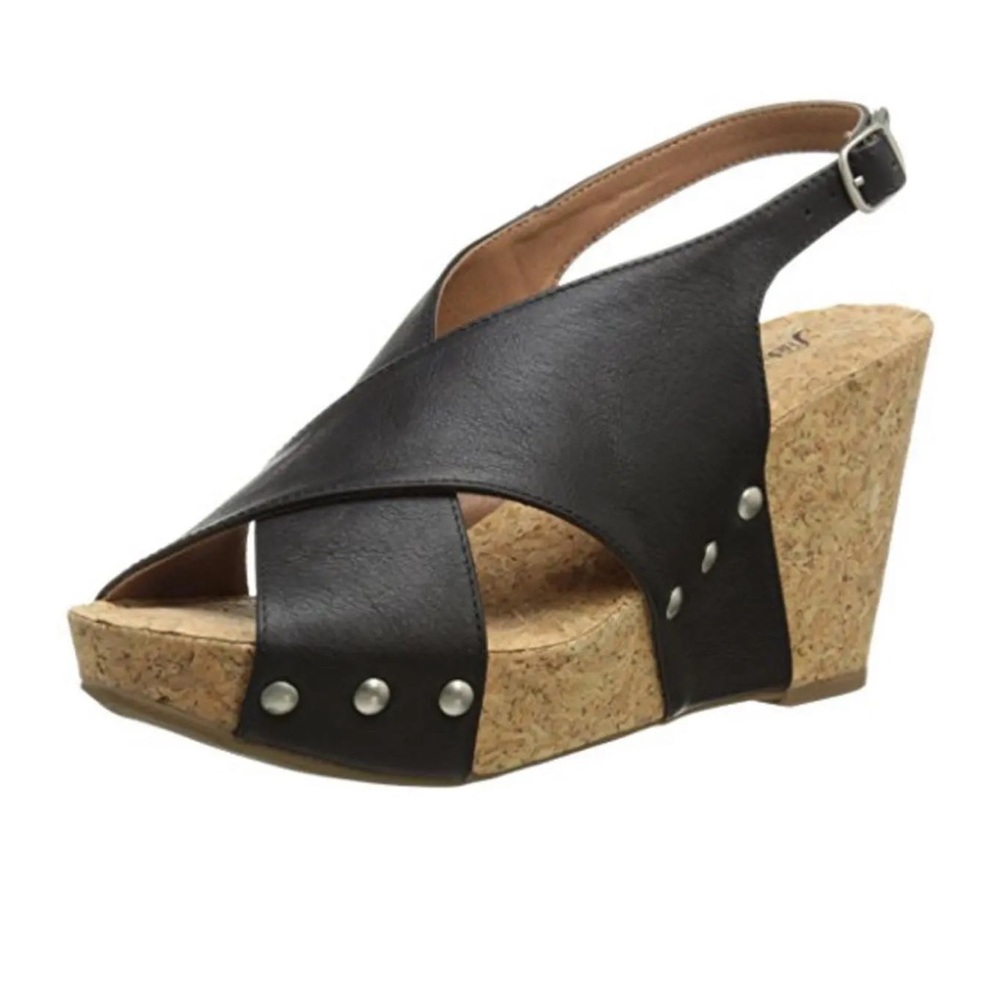 Wedges with Black Leather Strap, Size 9. EUC